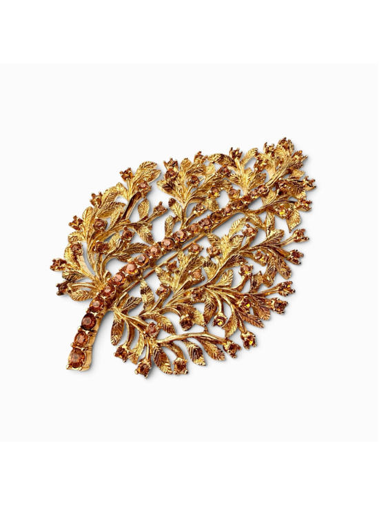 Coro Jewelry - Vintage Coro Thailand Amber Rhinestone Floral Leaf Brooch Gold Tone Statement